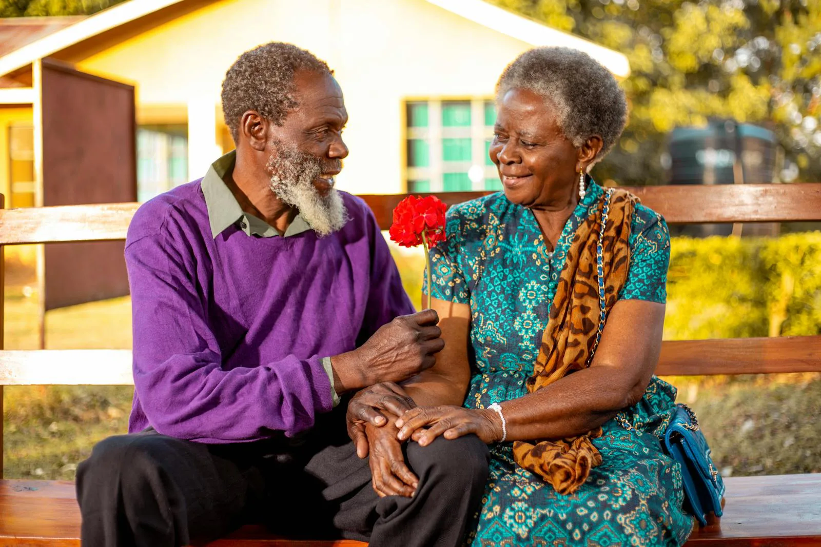 An older African couple sharing a red flower on a wooden bench, laughing as they look at each other in soft afternoon light.