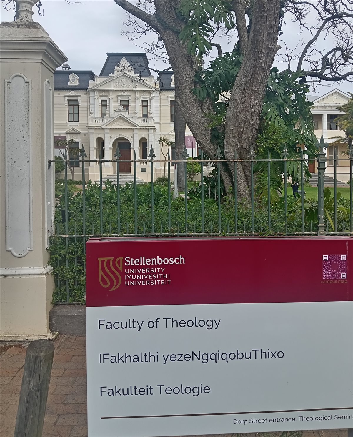 The Faculty of Theology sign at the Dorp Street entrance to Stellenbosch University